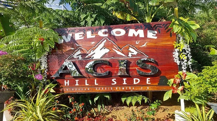 Acis Hillside welcome sign among the plants