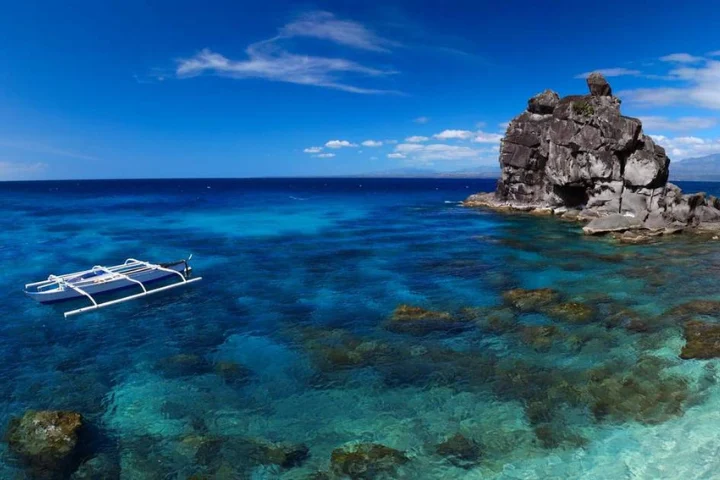 Outrigger boat by a rock outcrop at Apo Island